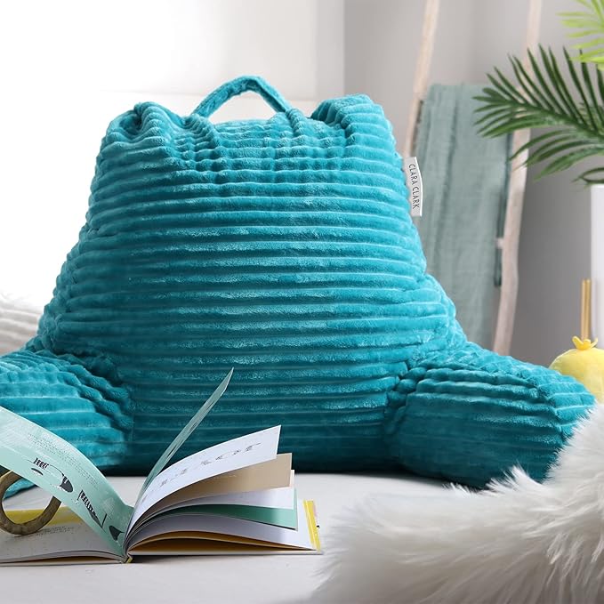 Clara Clark Reading Pillow for Bed Adult – Back Pillow for Sitting in Bed, Standard Plush Bed Pillows for Sitting Up in Bed, Shredded Foam Bed Chair Pillow with Arms and Pockets, Teal Bed Rest Pillow