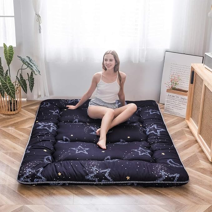 MAXYOYO Japanese Futon Mattress Floor Mattress Sleeping Pad Foldable Mat Roll Up Camping Cushion Floor Lounger Couches and Sofas Couch Topper, Moon and Star, Full Size