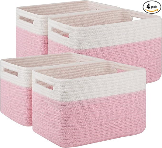 4 Pack Storage Baskets for Organizing, Woven Baskets for Shelves - Perfect for Toys, Books, Towels, and Clothes, Durable Gift Basket Bins Toy Storage, 12.7''Lx9''Wx7.8''H, Pink & White
