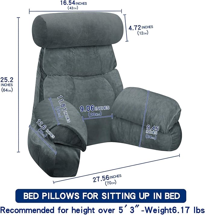 FXXUDVNIIN Back Pillow for Bed Sitting up – with 9.4" Armrest, for Reading, Gaming, Relaxing. Also Serves as tv Pillows for Sitting in Bed, Floor Pillow & Back Support for Adults.