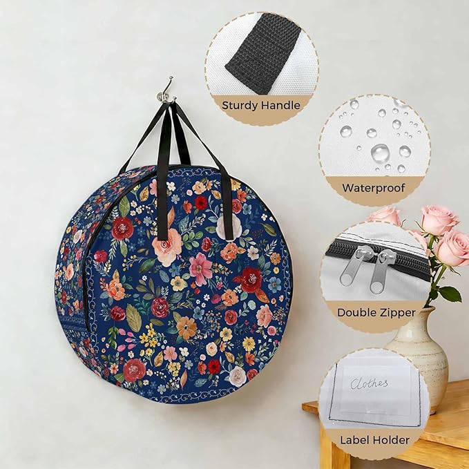 Storage Bag Navy Blue Floral Round Storage Totes Bins Closet Organizers with Zippers & Handle Farmhouse Vintage Flower Clothes Storage Container for Bedroom Dorm Space Saving Packing Supplies Bags
