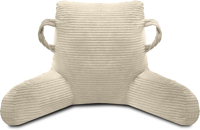 Reading Pillow for Sitting in Bed Adult, Bed Reading Pillow with Shredded Memory Foam, Back Pillow for Sitting with Arms and Pockets, Beige