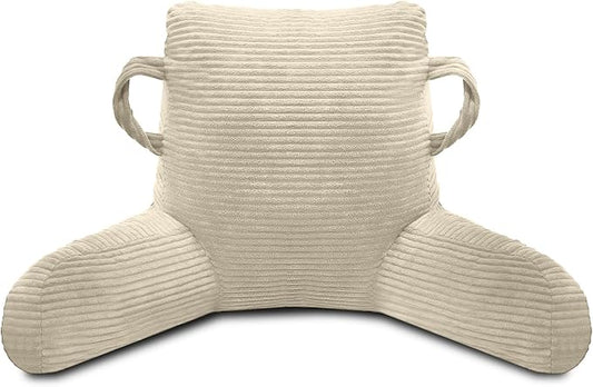 Reading Pillow for Sitting in Bed Adult, Bed Reading Pillow with Shredded Memory Foam, Back Pillow for Sitting with Arms and Pockets, Beige