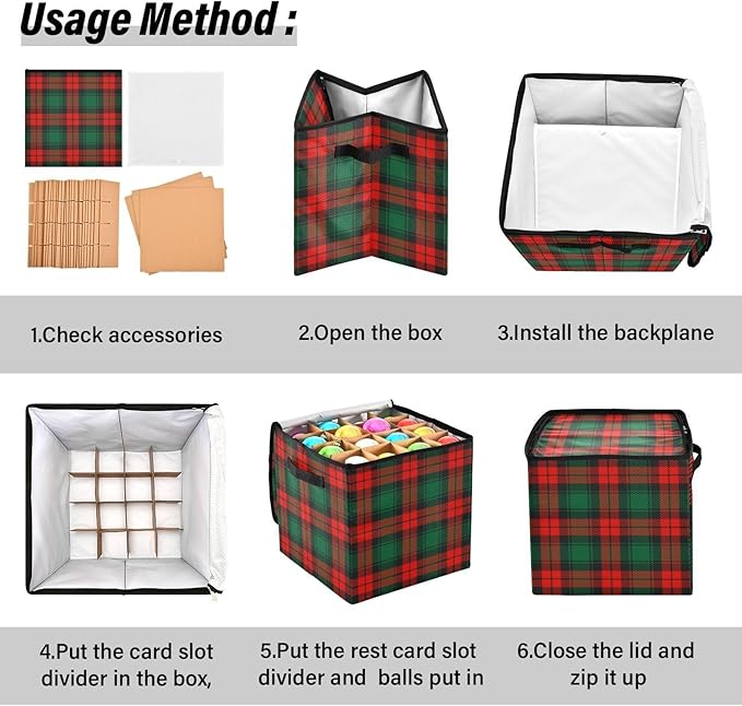 Red Green Christmas Ornament Storage Basket Box Buffalo Plaid Winter Holiday Storage Container Cube with Adjustable Dividers for 64 Holiday Ornaments or Decorations Keep Clean and Dry for Next Season