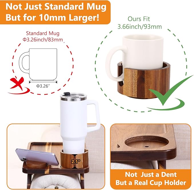 Couch Armrest Table Acacia with 360°Rotating Phone & Cup Holders,15.4" x 9.8", 3-in-1 Couch Arm Tray Clip-On Couch Tray for Drinks & Snacks