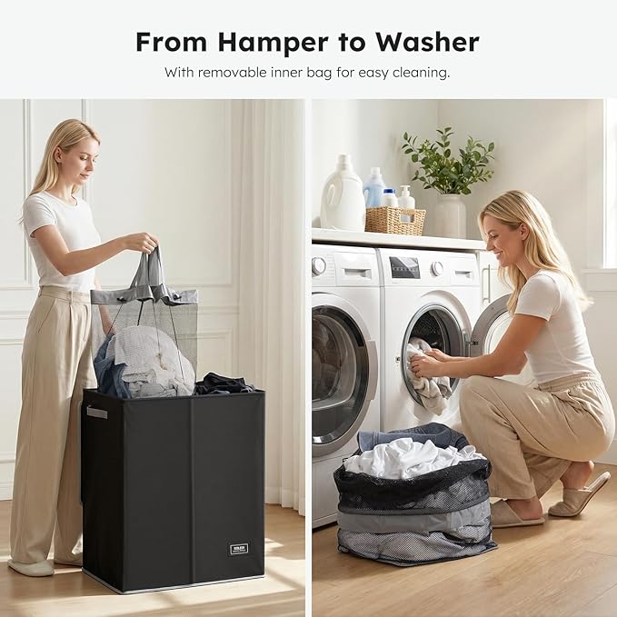 SOLEDI Double Laundry Hamper with Lid and Removable Laundry Bags - Large Dirty Clothes Hamper 2 Section - Collapsible Laundry Baskets for Bedroom, Bathroom, Laundry room, Apartment, Black
