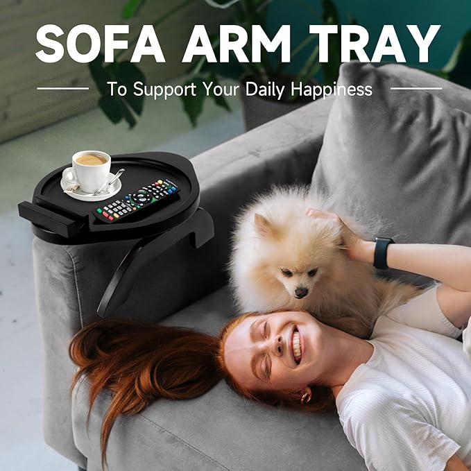 Couch Arm Table Tray, Sofa Clip on Tray Tables with 360° Phone Holder, Bamboo Arm Rest Table for Couch, Folding Sofa Armrest Tray for Food, Snacks, Coffee, Remote
