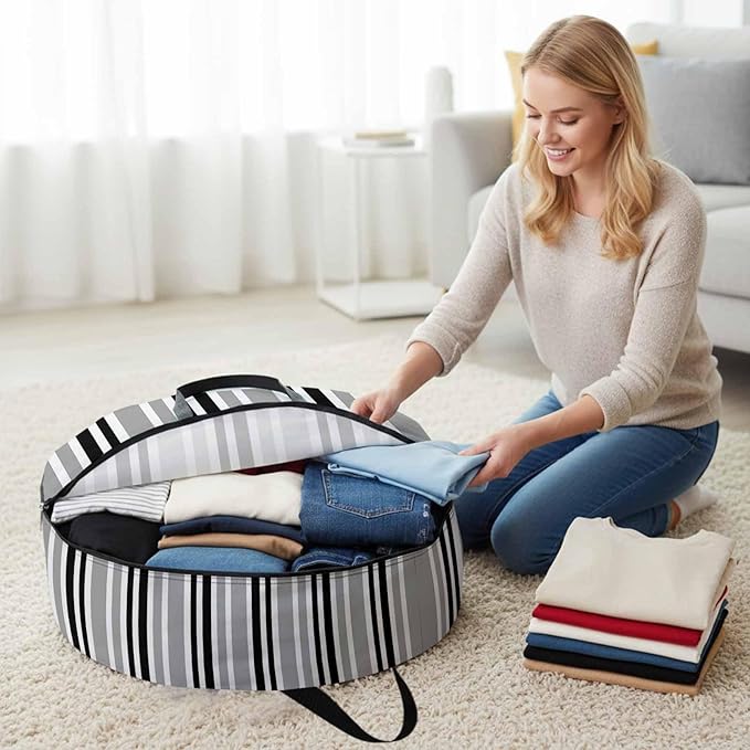 Storage Bag Black Stripes Round Storage Totes Bins Closet Organizers with Zippers & Handle Grey Striped Lines Clothes Storage Container for Bedroom Dorm Space Saving Packing Supplies Moving Bags