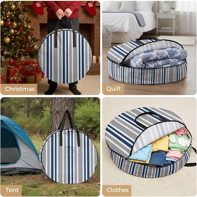 Storage Bag Navy Blue Stripes Round Storage Totes Bins Closet Organizers with Zippers & Handle Grey Striped Lines Clothes Storage Container for Bedroom Dorm Space Saving Packing Supplies Moving Bags