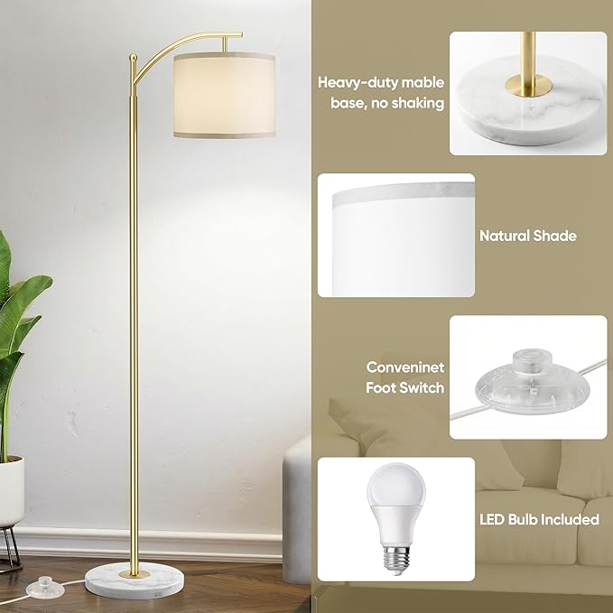Gold Floor Lamp for Living Room with Marble Base, Modern Standing Lamp with 3 Color Temperatures Bulb & Adjustable Linen Shade, Tall Lamp for Bedroom Office Reading Nursery