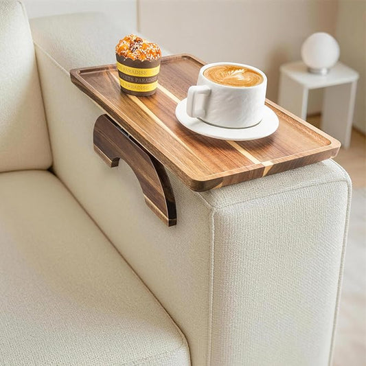Acacia Wood Sofa Arm Tray, Folding Clip-On Couch Arm Tray, Sofa Armrest Trays for Drinks, Snacks, Phone, Remote Control