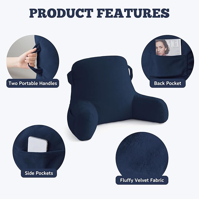 Unisakey Portable Comfy Reading Pillows for Bed Sitting Up(Royal Blue Oeko-Tex), Velvet Back Pillow with Arms & Pockets for Adults, Support Memory Foam Bed Pillow for Dorm/Reading/Watching/Gaming