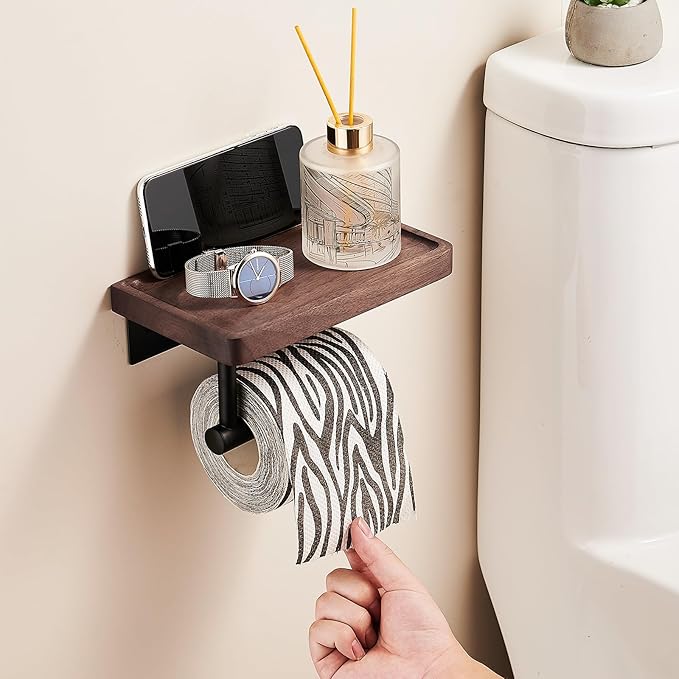 Toilet Paper Holder with Walnut Wood Shelf, Adhesive & Wall Mounted Toilet Paper Roll Holder, Black Stainless Steel Rustproof Toilet Paper Holder for Bathroom, Washroom, RV, Kitchen