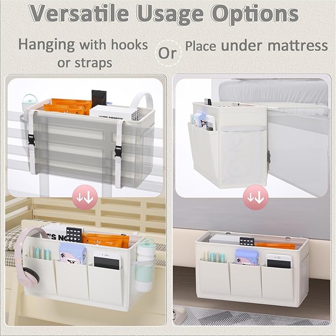 Edudif Dual-purpose Bedside Caddy Bedside Organizer, Bed Caddy with 6 Pockets, Versatile Bedside Storage Solution Magazine Remotes holder, ideal for Home, Dorm, Hospital, Crib Bed (White 2pcs)