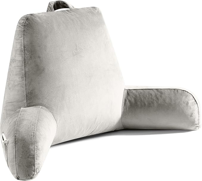 OAISZ Reading Pillow for Sitting in Bed Adult, Reading Pillow with Shredded Memory Foam, Bed Pillow with Washable Cover, Back Pillow Sitting Up with Extend Arms, Light Gery, X-Large