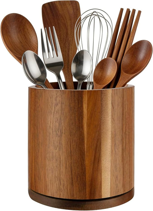 Acacia Wood Utensil Holder 360°Rotating Anti-Tip Design for Kitchen Counter,Cooking Utensil Crock for Countertop , Large Utensil Organizer for Spatula