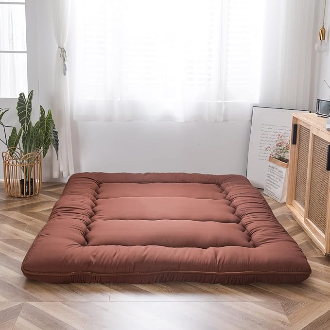 MAXYOYO Japanese Floor Mattress Futon Mattress, Thicken Tatami Mat Sleeping Pad Foldable Roll Up Mattress Boys Girls Dormitory Mattress Pad Floor Lounger Cushion and Sofas, Coffee, Full