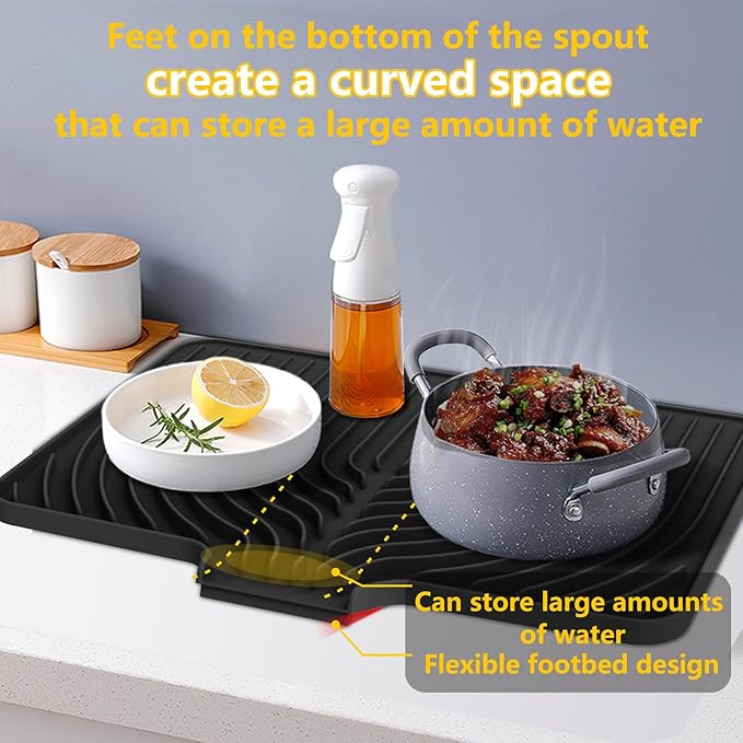Silicone Dish Drying Mat for Kitchen Counter , Dish Drying Rack Mat with Built in Drain, 18 Inch Drying Mats for Dishes Dry Pad for Kitchen Counter,Not applicable Bumps up sink (18×12inch, black)
