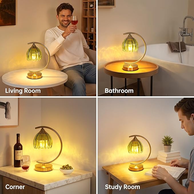 Shenmoyl Set of 2 Tulip Table Lamp, 5200mAh Cordless Touch Control Table Lamp with 3 Color Temps & Stepless Dimming, Rechargeable Battery Table Lamp for Living Room, Bedroom, Office(Green Tulip)