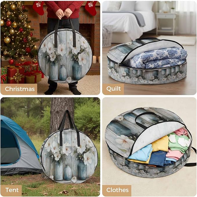 White Camellia Round Storage Bag 30 Inch, Spring Vintage Flower Oil Painting Style Wood Grain Clothes Storage Container with Handles Heavy Duty Organizer for Comforter, Bedding & Holiday Wreaths