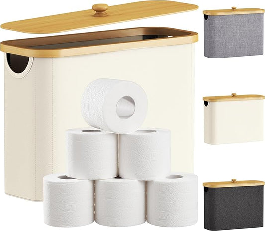 Lifewit Toilet Paper Storage Holder for 9 to 12 Rolls, Free Standing Toilet Paper Basket Stand with Bamboo Lid, Collapsible Fabric Bathroom Organizer Box for Mega Rolls, 23L, Large, White