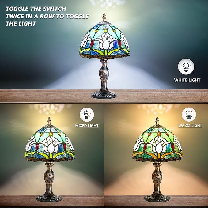 MIAOKE Stained Glass Table Lamp,Stained Glass Crystal Bead Style Table Light, Handmade Desk Bedside Night Light, Antique Art Craft Gifts Lover Living Room Bedroom Bookcase(Blue Tulips)