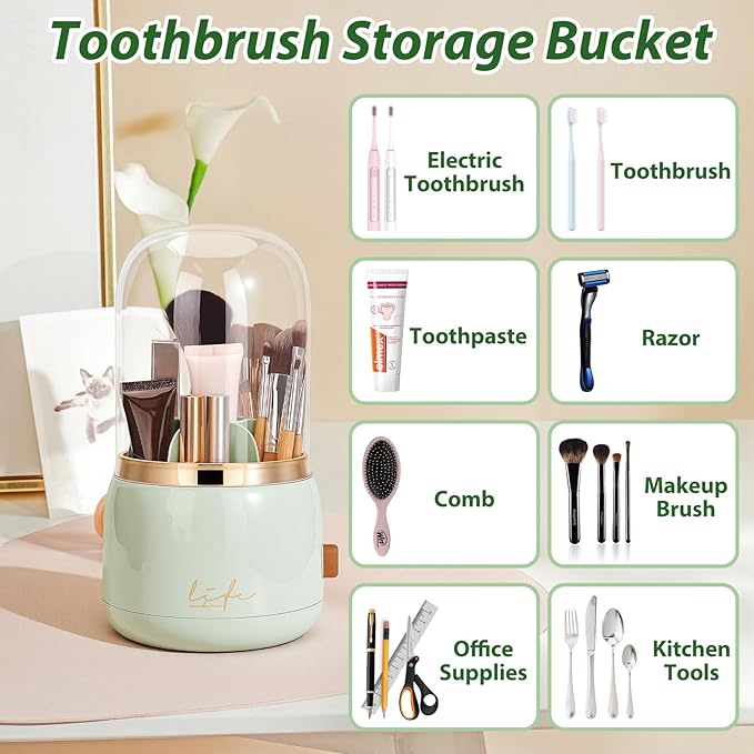 360º Rotating Toothbrush Holder with Cover, Dustproof Waterproof Cosmetic Organizer, 7-Slot Bathroom Countertop Organizer with Drainage for Makeup Brushes, Electric Toothbrushes, Toothpaste