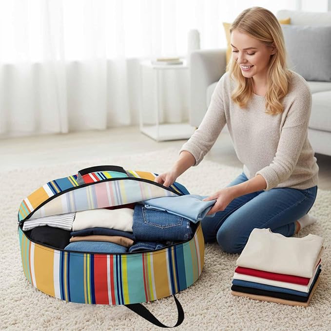 Storage Bag Colorful Stripes Round Storage Totes Bins Closet Organizers with Zippers & Handle Boho Style Lines Striped Clothes Storage Container for Bedroom Dorm Space Saving Packing Supplies Bags