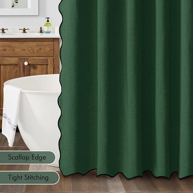 MIULEE Christmas 84" Long Scalloped Shower Curtain Linen Textured with 12 Metal Hooks Cute Extra Long Heavy Duty Washable Waterproof Cloth Curtains with Black Border for Bathroom Hotel,Dark Green