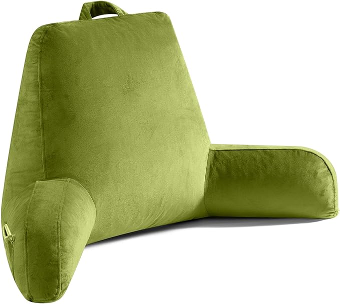 OAISZ Reading Pillow for Sitting in Bed Adult, X-Large Reading Pillow with Shredded Memory Foam, Back Pillow for Sitting Up with Extend Arms, Pockets, Bed Pillow with Washable Cover, FluorescentGreen