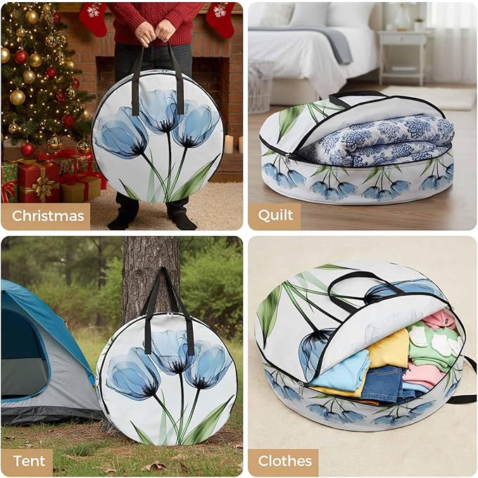 Blue Tulip Round Storage Bag 30 Inch, Country Flower Farmhouse Clothes Storage Container with Handles Heavy Duty Organizer for Comforter, Bedding & Holiday Wreaths