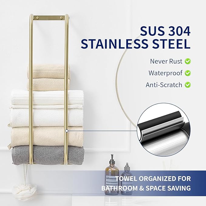 BWE Brushed Gold Towel Racks for Bathroom, Wall Mounted Towel Rack for Rolled Towels, Bathroom Towel Storage, Stainless Steel Vertical Towel Holder, Bathroom Organizer