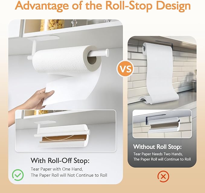 Paper Towel Holder with Damping Function, Paper Towel Holder Under Cabinet Self-Adhesive or Drilling, Wall Mounted Napkin Roll Holder for Kitchen Bathroom Rv Camping, Stainless Steel (White)