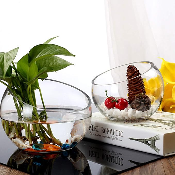 WGV Slant Cut Bowl Glass Vase Bulk, Width 7", Height 6", Clear Terrarium, Candy Dish, Fruit Jar, Floral Container for Wedding Party Event, Home Office Decor, 8 Pieces