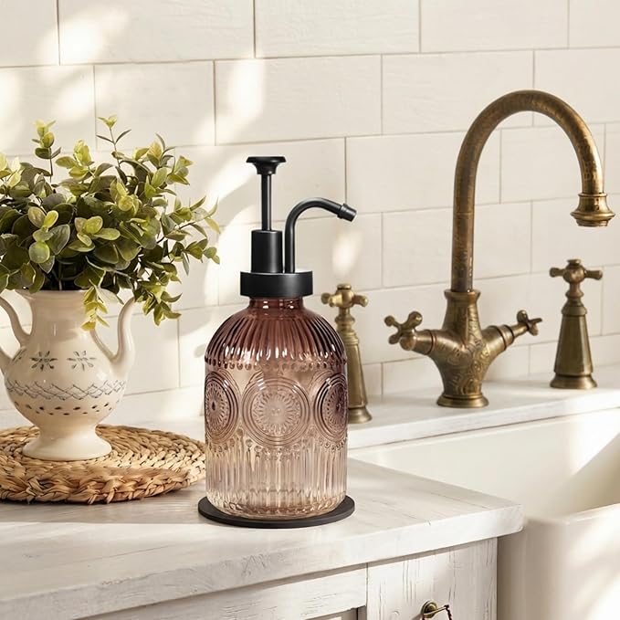 SheeChung 12Oz Vintage Glass Bathroom Soap Dispenser, Kitchen Dish Soap Dispenser with Pump, Refillable Liquid Hand Soap Bottle, Lotion, Antique Rustic Farmhouse Decor (Brown-Black Pump, 2 Pack)