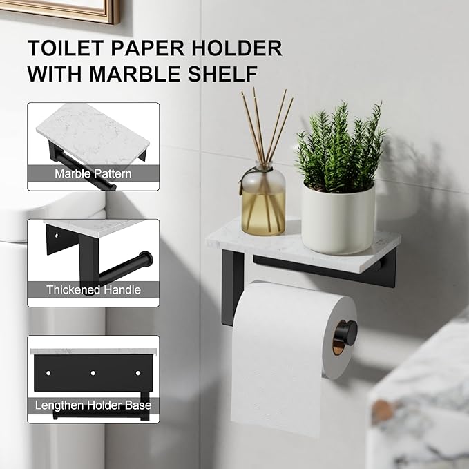 Toilet Paper Holder with Marble Shelf, 304 Stainless Steel Tissue Hand Holder Wall Mounted Toilet Paper Roll Hold with Phone Shelf for Bathroom Kitchen Washroom Bedroom, Matte Black