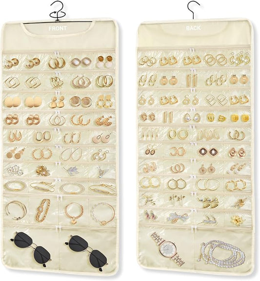 FOREGOER Hanging Jewelry Organizer with 88 Zippered Pockets, Dustproof Foldable for Travel, Accessories Organizer for Holding Jewelries Earring Organizers and Storage (Beige)