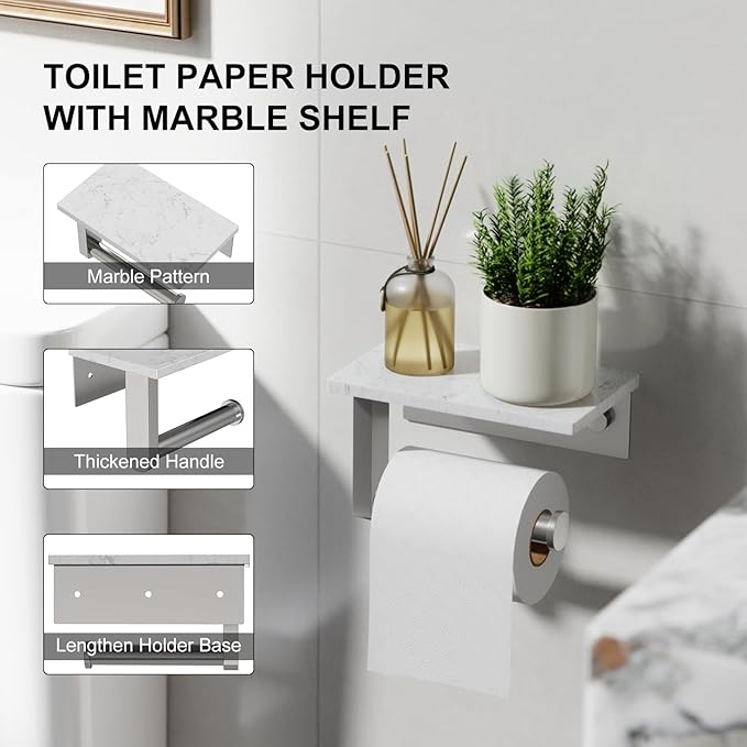 Toilet Paper Holder with Marble Shelf, 304 Stainless Steel Tissue Hand Holder Wall Mounted Toilet Paper Roll Hold with Phone Shelf for Bathroom Kitchen Washroom Bedroom, Brushed Nickel