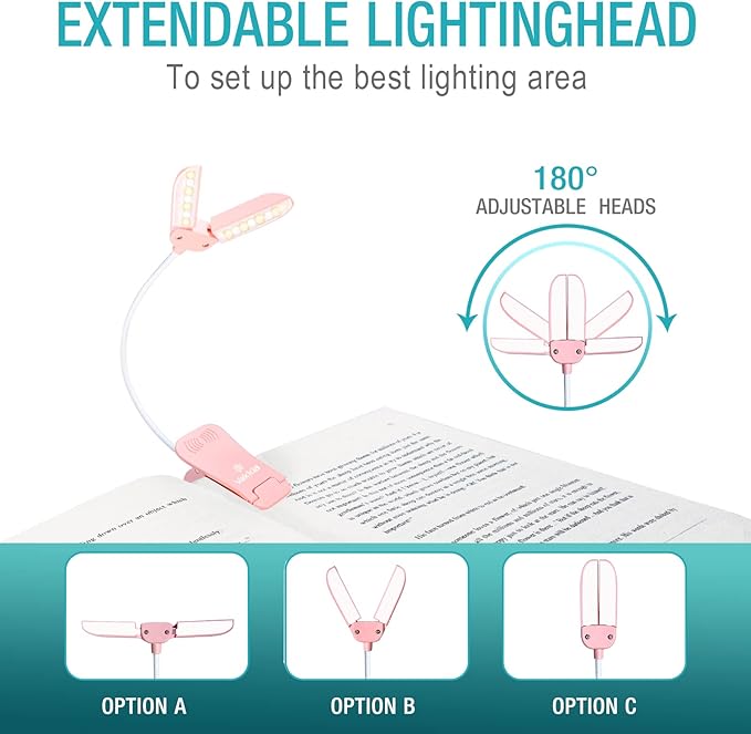 Vekkia 14 LED Rechargeable Book Light for Reading at Night, Eye-Care Reading Light for Books in Bed, 180° Adjustable, Clip on Lamp, 3 Color Temperatures, Lightweight, Present for Reader