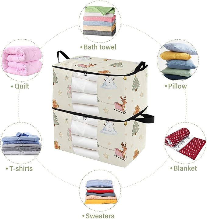 2 Pack Bed Sheet Storage Bags Stackable Storage Closet Foldable Closet Shelving Organizer Storage Box Christmas Tree Snowman Pink