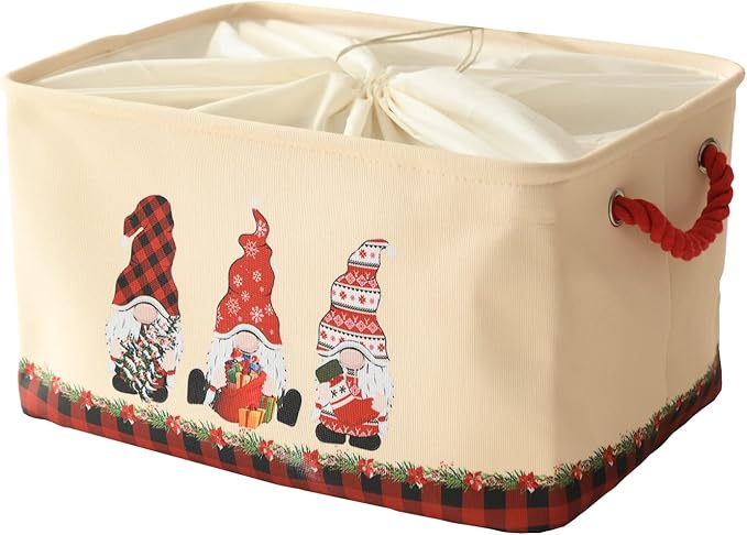 INough Christmas Baskets for Gifts Empty, Christmas Gnomes Basket, Large Gifts Bags for Holiday Ornaments Collapsible Storage Bins with Drawstring for Kidsroom (Large, Three Gnomes)