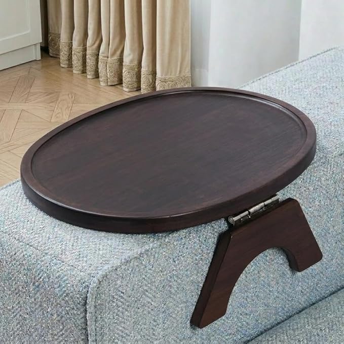 DETOR Clip-On Couch Armrest Table, 13.4" x 10" Oval Shape, Mahagony Bamboo Finish, Stainless Steel Hinges, Odor-Free Non-Slip Pads, Fits 6"–10" Armrests