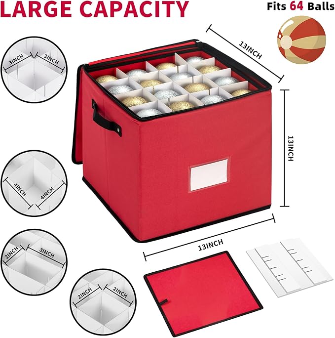DIMESHY Christmas Ornament Storage Box With Adjustable Dividers,Ornament Storage Container With 4 Removable Trays for 64 Holiday Decorations,Red