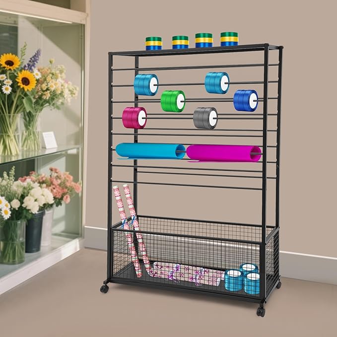 16 Tier Ribbon Holder Organizer Rack, Metal Double-Sided Ribbon Spool Storage Shelf with Wheels, Rolling Flower Wrapping Paper Storage Stand for Craft Room Flower Shop Gift Wrapping(Wider, Black)