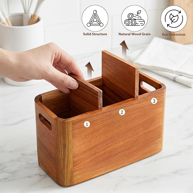 Kitchen Utensil Holder for Countertop, Extra Large Acacia Wood Utensil Organizer, 3-Compartment Storage for Cooking Utensils, Silverware and Cutlery