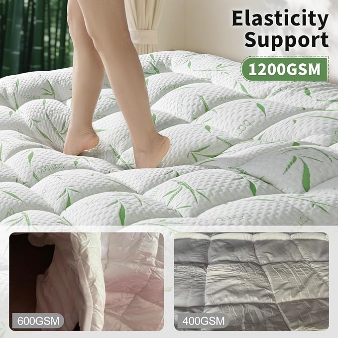 3 Inch Mattress Topper Queen Size, 1500GSM Down Alternative Fill, Viscose, Cooling Extra Firm Pillow Top, for Back Pain, 6"-18" Deep Pocket, 60" x80 (Sage Green, Queen)