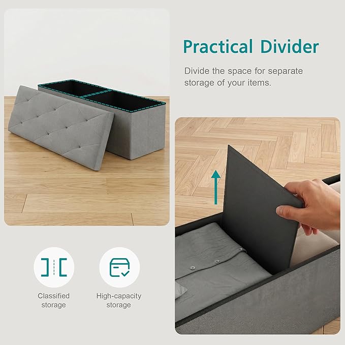 VECELO 43'' Folding Storage Ottoman Bench, Storage Chest, Linen Fabric Foot Rest Stool, 158L Storage Footstools for Bedroom and Living Room, Holds up to 660 lbs, Grey