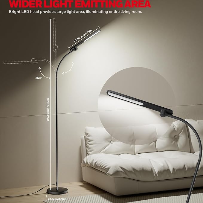 Honeywell LED Floor Lamp for Reading, CRI97 Full Spectrum Eye-Caring Task Lamp, Stepless Dimmable 3000K-5000K Standing Lamp with Flexible Gooseneck, 77.5" Tall for Living Room, Bedroom, Office