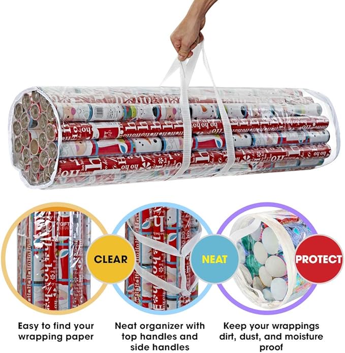 ProPik Christmas Gift Wrap Organizer Clear, Fits 24 Rolls of 40 Inch Long, Heavy Duty PVC Wrapping Paper Storage Bag with Handles and Zippered Top, Tote Clear Tube Container (White Trimming)