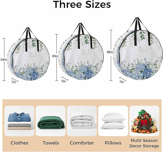 Storage Bag Blue Hydrangea Round Storage Totes Bins Closet Organizers with Zippers & Handle Green Eucalyptus Leaves Flowers Clothes Storage Container for Bedroom Dorm Space Saving Packing Supplies